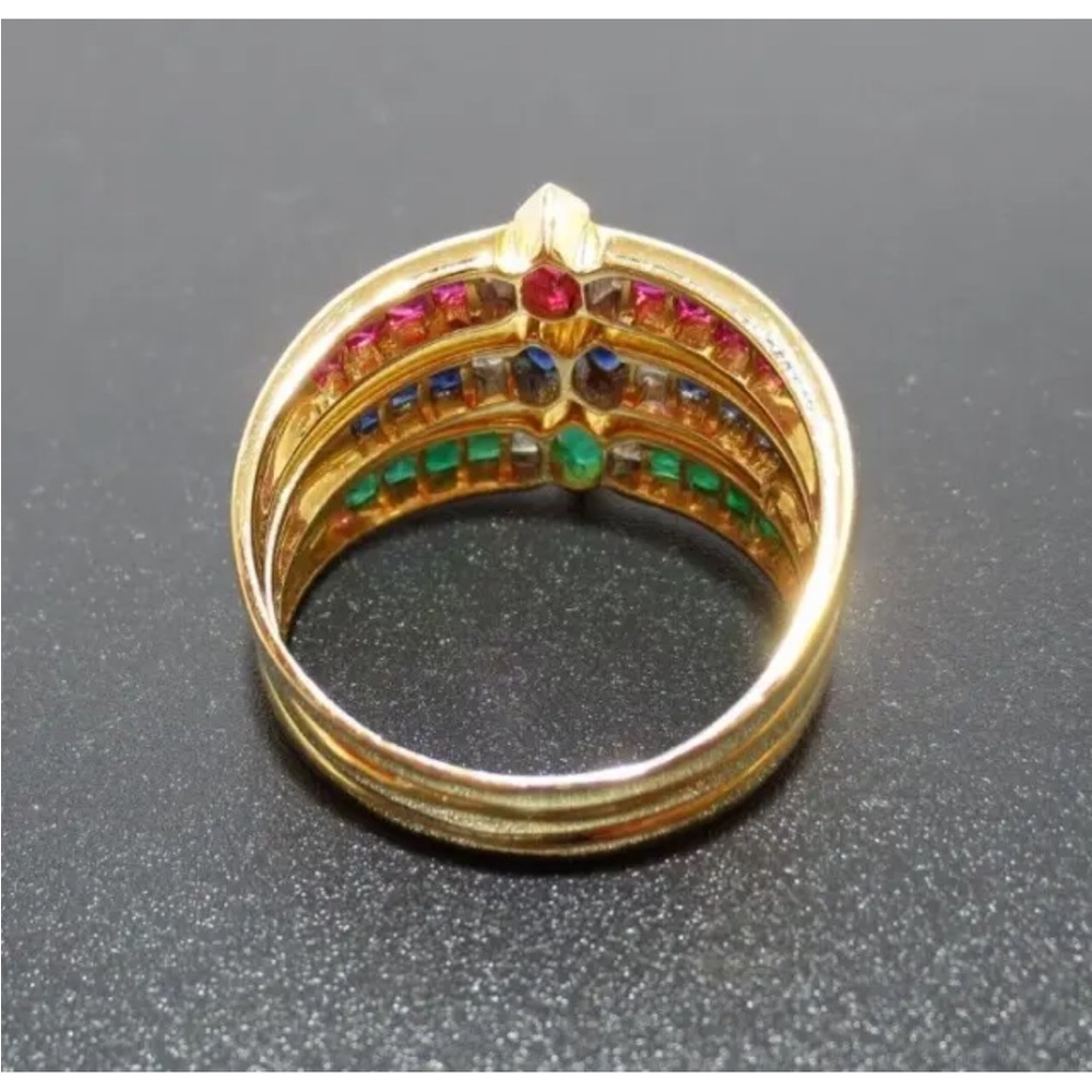 18K GOLD DIAMOND CLUSTER RING EMERALDS, BLUE SAPPHIRES RUBIES MULTI-GEMSTONE - Picture 8 of 10